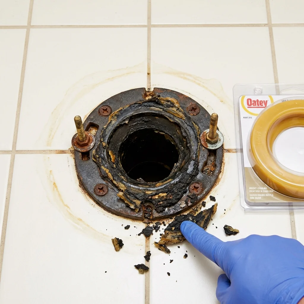 Failed wax ring showing water seepage at the base of a toilet in a Cleveland, OH home