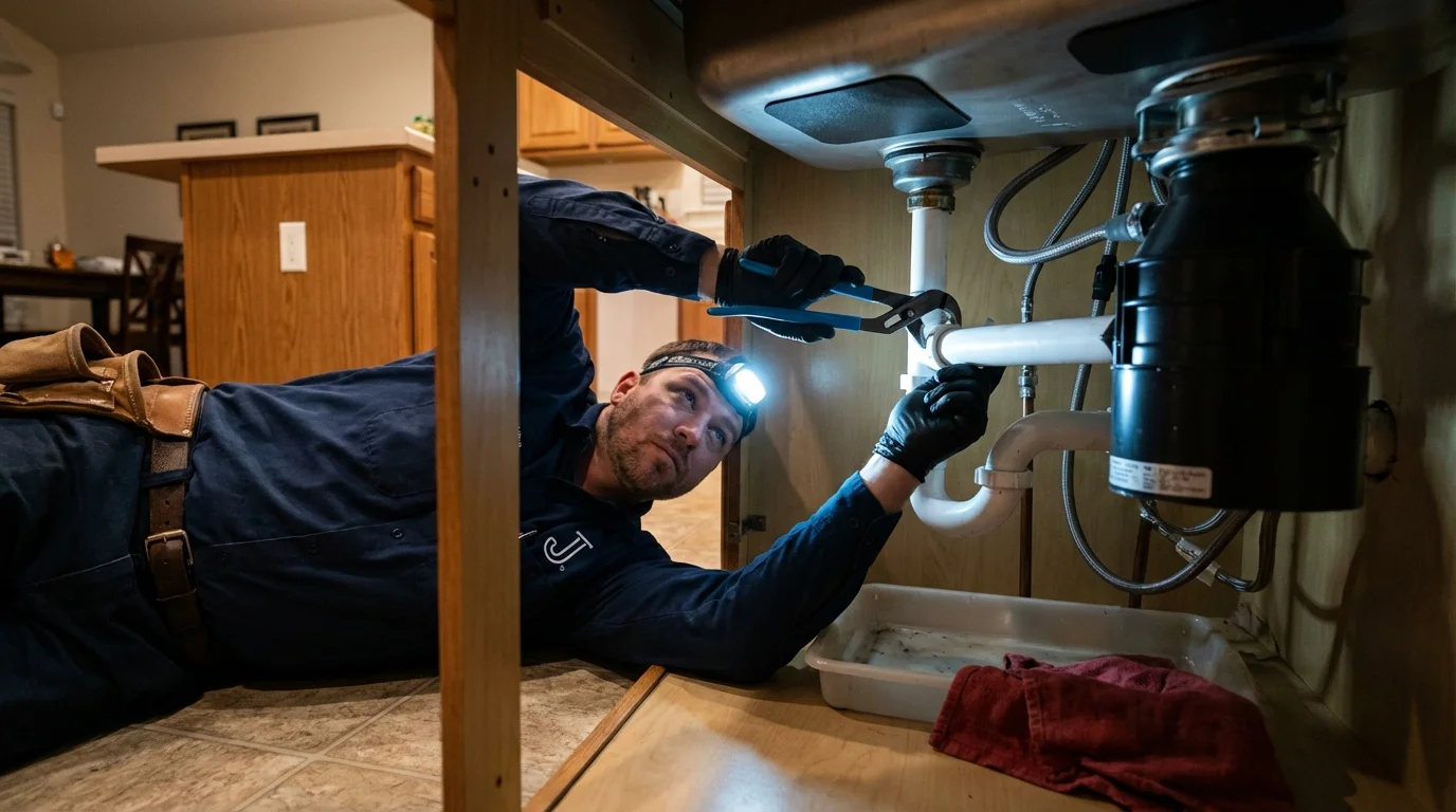 P-trap and supply line connections under a kitchen sink showing a common leak point in Cleveland, OH